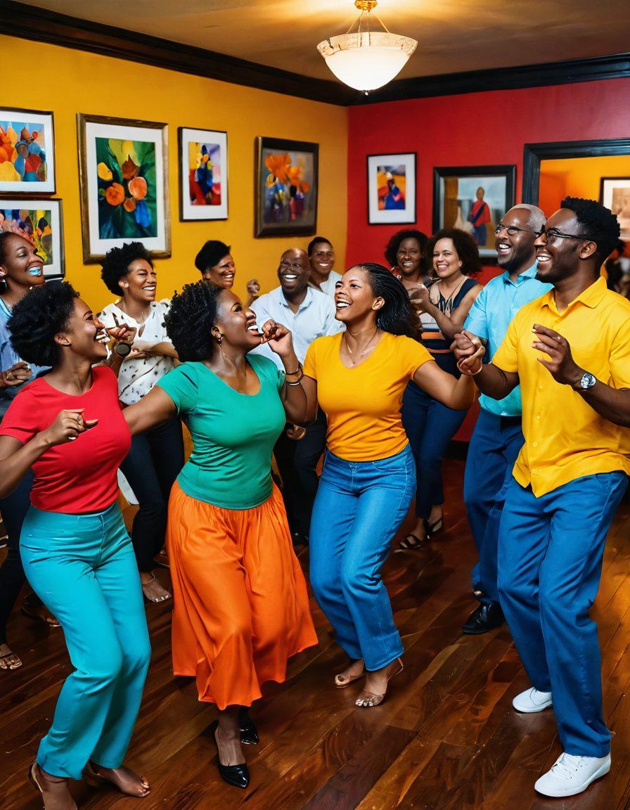 A vibrant, inviting room filled with joyful Black adults engaging in various creative expressions, such as dancing, painting, and laughing together. The scene should radiate warmth with bright colors, showcasing a deep sense of community and authentic joy. Include elements that represent cultural heritage, like traditional art and music instruments. The lighting should be soft and welcoming, reflecting a safe and inclusive atmosphere. super-realistic. vibrant colors.
