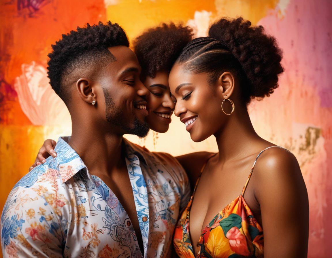 A tasteful and artistic representation of a diverse couple, intimately connecting in a soft, warm atmosphere, surrounded by abstract and vibrant representations of love and pleasure. Emphasize sensuality through gentle touches and smiling faces, with soft lighting and rich textures. Include elements that represent empowerment and celebration of Black culture, such as traditional fabrics or patterns in the background. elegant painting. vibrant colors. soft focus.